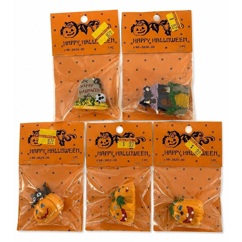 Halloween Miniature Decorations Lot of 5 NOS Original Package Pumpkin Vintage